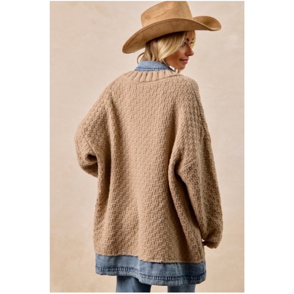 Bibi Khaki Chunky Cable Knit Denim Mix Snap button Oversized Sweater Cardigan - Picture 5 of 7